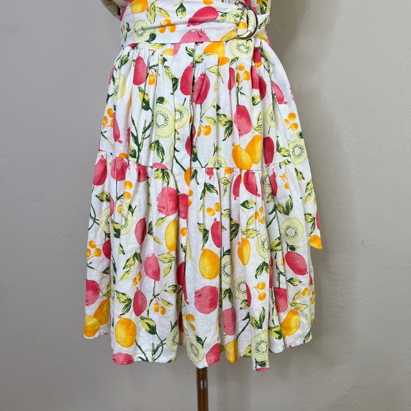 Cynthia Rowley Fruit Print Linen Blend Sleeveless Shirt Dress Belted Size 6 - Picture 3 of 13